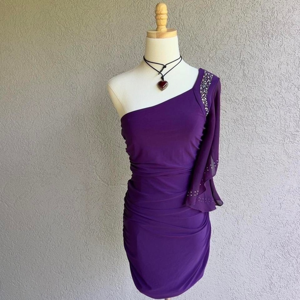 Y2K Deb Purple Rhinestone Mini Dress Size Medium Party Club Glam One Shoulder